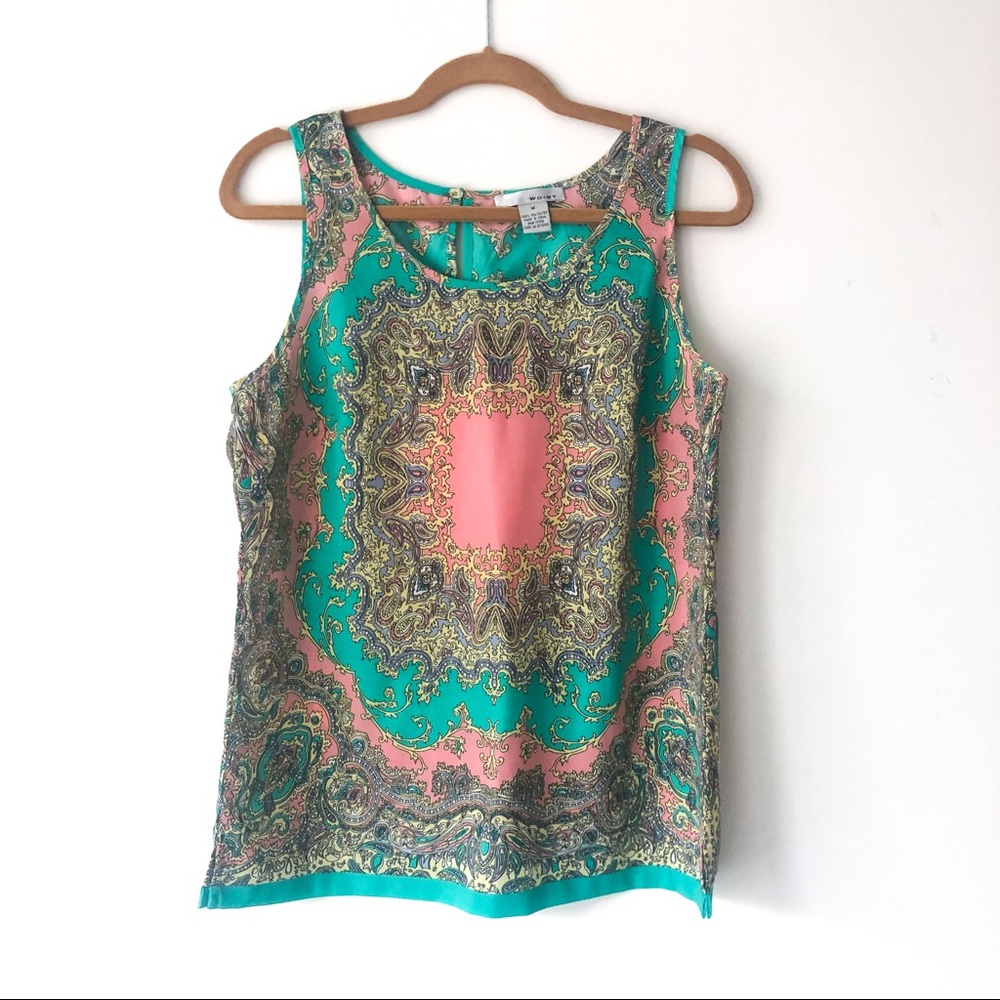 Pink & Teal Pastel Spring Paisley Floral Sleeveless Shift Blouse